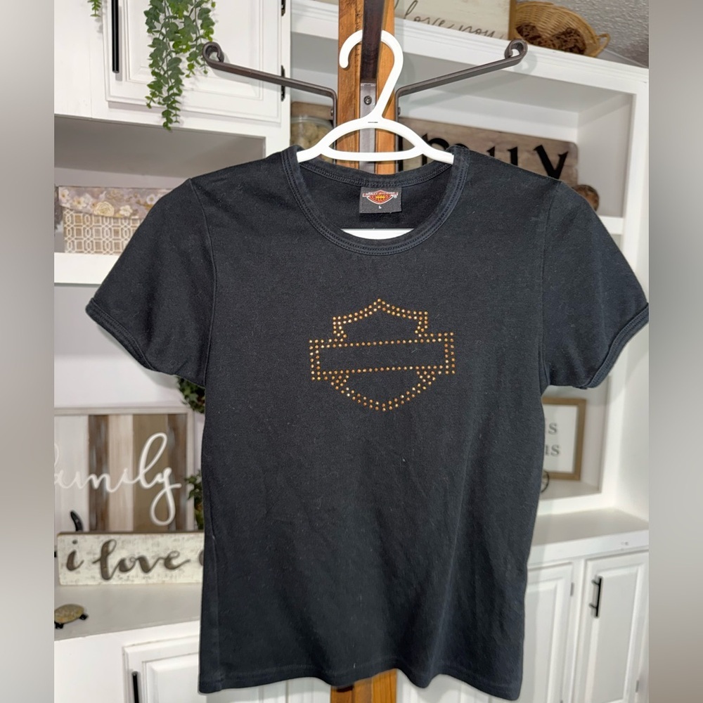 Harley-Davidson Black Tee with Orange and Silver Logo Large